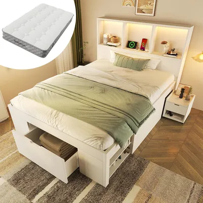 Image de Lit fonctionnel Merax 90 x 200 cm avec matelas, table de chevet mobile et éclairage LED, lit d'enfant avec port USB-C et espace de rangement, lit en bois avec tiroir et étagères, blanc