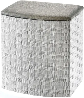 A studio shot of a woven storage basket with a lid.