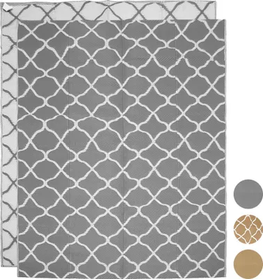 Produktbild von LifeGoods Outdoor Teppich - 120x180CM - Außenteppich - Gartenteppich - Wendbar - Inkl. Tragetasche - Mit Muster - Grau/Weiß
