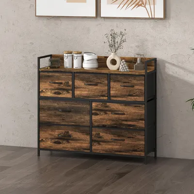 Produktbild von Kommode Sideboard mit 7 Stoffschubladen, Industriestil Aufbewahrungsschrank, Stahlrahmen, Rustikal-Braun | 98 x 29 x 85 cm | 15 kg Tragkraft | 12,5 kg