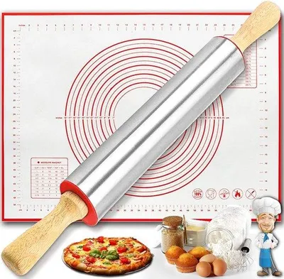Produktbild von Famanu Teigroller Edelstahl, 43 cm mit Holzgriffen + Silikonbackmatte, antihaftbeschichtet