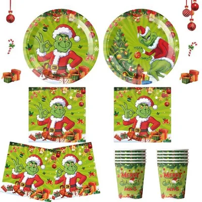 Produktbild von Einweg-Becher Tellerservietten Festliches Grinch-Set für 10 Personen