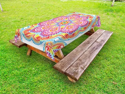 Produktbild von ABAKUHAUS Regenbogen-Mandala Tischdecke Outdoor, Buntes orientalisches Mandala-Motiv mit Stern-Paisleys und Punkten Kaleidoskop, Mehrfarbig, 145x210cm
