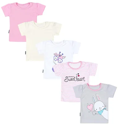 Produktbild von TupTam Baby Mädchen Kurzarm T-Shirt Gemustert Bunt 5er Set, Farbe: Streifen Giraffe Kaninchen Rosa Weiß Grau , Größe: 86