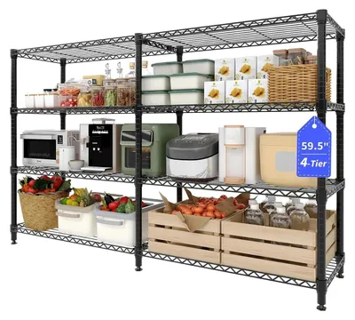 Obrázok produktu pre Regál na ťažké bremená – kovový regál – 4 police – 35 x 150 cm – výškovo nastaviteľný – skladací – uhlíková oceľ – do kuchyne a garáže