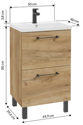A diagram of a bathroom vanity with dimensions indicated.