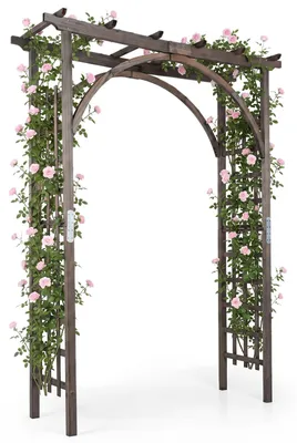 Immagine prodotto di COSTWAY, arco da giardino in legno di abete, 160 x 60 x 216 cm, ideale per piante rampicanti e cesti pensili, arco con tetto, struttura a griglia per piante rampicanti, colore marrone scuro