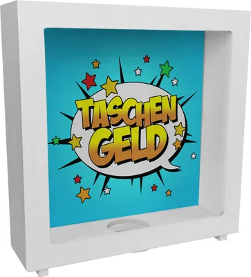 Produktbild von Taschengeld Rahmen Spardose aus Holz im coolen Comic-Look