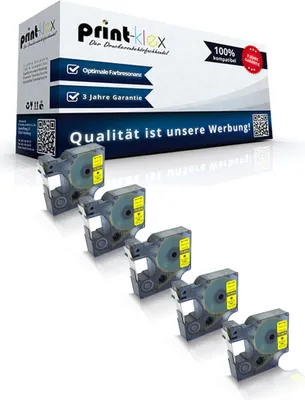 A product shot of five compatible Dymo D1 label tapes and a box with product information.