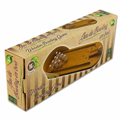 A product box for a wooden bowling game, with a cutout showing the game inside.