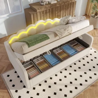 Zdjęcie produktu dla Rozkładana aksamitna sofa z oświetleniem LED - rozkładane wielofunkcyjne łóżko i siedzisko do stylowego salonu, beżowy, 90x200/180x200 cm