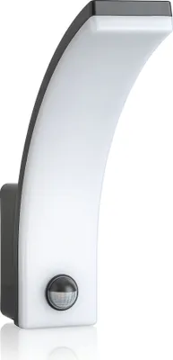 A modern outdoor LED wall light with a motion sensor, shown against a white background.