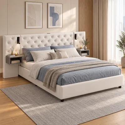 Imagen del producto de INONEFT: Estructura de cama tapizada para cama doble o juvenil, 160x200 cm, con iluminación LED y puertos USB, cama con espacio de almacenamiento, 2 mesitas de noche y sistema hidráulico, tapizada en terciopelo, color beige