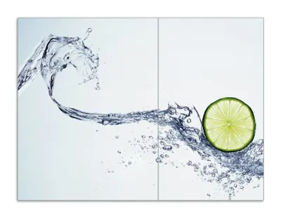 Produktbild von Wallario Herdabdeckplatte aus Glas, Größe 70 x 52 cm 2-teilig, Motiv Limettenscheibe in spritzigem Wasser