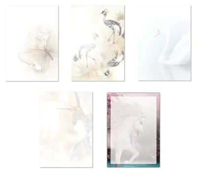 Produktbild von 5 x 5 Blatt Motivpapier Briefpapier Mix DIN A4 Schmetterlinge Pfauen Schwan Eisvogel Einhorn (Tiere-5242)
