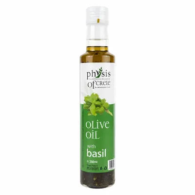 Physis of Crete Olivenöl mit Basilikum 250 ml auf weißem Hintergrund