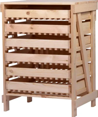 A wooden storage rack with multiple shelves.