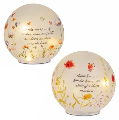 Produktbild von formano LED Deko Kugel Glas 2er Set Blumenzeit 15 cm mit Spruch & Timer 6h/18h