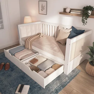Produktbild von 90x190 cm Tagesbett Schlafsofa mit 2 Schubladen, Massivholz Bettgestell mit Samt-Rückenlehne & Armlehnen, Kojenbett für kleine Räume, Weiß