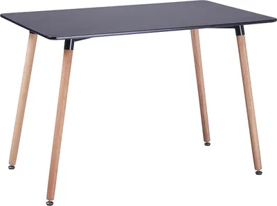 A rectangular black table with four wooden legs, shown against a white background.