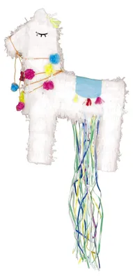 Produktbild von Lama Geburtstags-Piñata 'Frida', weiß, 50 cm, mit Bommeln und bunten Schnüren