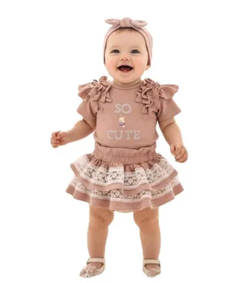 Produktbild von Baby Mädchen Set Gr. 56 62 Geschenk Geburt Baumwolle Geburtstag Party Taufe altrosa 0-3 Monate Rock Body Stirnband