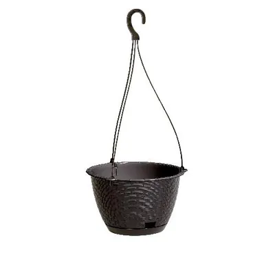 A dark brown hanging planter pot with a woven texture, suspended by three black cords attached to a black hook.