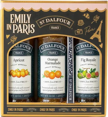 Produktbild von St Dalfour Emily in Paris Fruchtaufstrich Geschenkset: Aprikose, Orange, Feige, 3 x 284g, ohne Zuckerzusatz, 100% Frucht