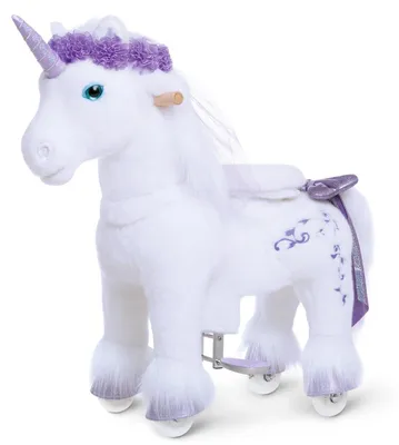 Produktbild von PonyCycle Premium Modell X Regenbogen-Einhorn Reitspielzeug – Premium-Plüsch-Pony mit Bremse, 76 cm Höhe, Größe 3 (3-4 Jahre), max. 25 kg, Sitzhöhe 48 cm