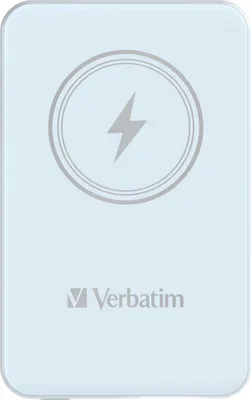 A light blue power bank with a charging symbol and the Verbatim logo.