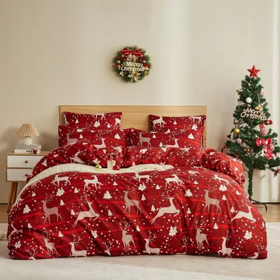 Productafbeelding van Beddengoedset 135x200 cm, 4-delig, rood, kerstelf, microvezel, met rits. Inclusief 2 kussenslopen van 80x80 cm