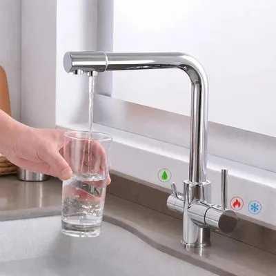 Produktbild von 3 Wege Küchenarmatur mit Wasserfilter Gebürstet L-Form, Wasserhahn Küche Hochdruck Wasserhahn für Spülbecken 3in1, Trinkwasserhahn