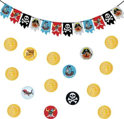 Produktbild von Oblique Unique Piraten Party Kindergeburtstag Deko Set - Piraten Girlande + Gold Münzen Konfetti
