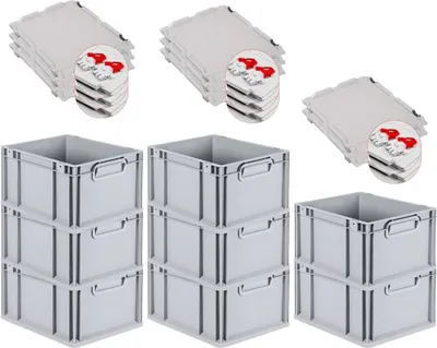 Produktbild von SuperSparSet 8x Eurobox NextGen Economy mit Scharnierdeckel und roten Schiebeschnappverschlüssen | Griffe geschlossen | HxBxT 22x30x40cm | 20 Liter | Eurobehälter, Transportbox, Transportbehälter, Stapelbehälter