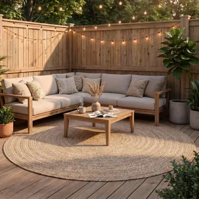 Produktbild von Volero - Outdoor Jute Teppich Rund - Bali Beige - Ø 100 cm - Wohnzimmer, Esszimmer, Balkon, Garten, Terrasse - Boho, Ländlich
