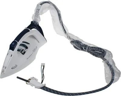 A white and blue iron with its power cord, presented on a white background.