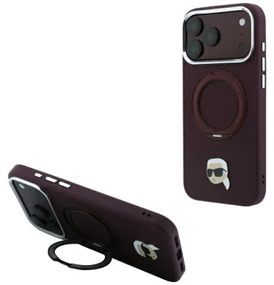 Productafbeelding van Karl Lagerfeld ringstand, model 360, met hoofdklem, MagSafe compatibel, voor Apple iPhone 18 Pro Max / 17 Pro Max, kleur: bordeauxrood