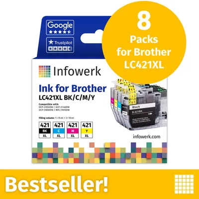 Productafbeelding van NIEUW: Infowerk Inktcartridges voor Brother LC421XL, multipack (BK/C/M/Y), 8 stuks