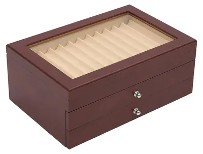 Produktbild von Holz Stiftebox - 3-stöckiges Stifteetui - 34 Fächer große Kapazität - Samtauskleidung kratz- & stoßfest - Füllfederhalter Organizer - 31x21x12,5 cm - Rot