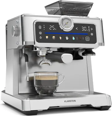 Image de Klarstein GrandPresso Touch Machine à café en grain – 20 Bars, 1350 W, Écran tactile, Broyeur intégré, Réservoir 2,3 L, Acier inoxydable, Mousseur à lait, Système Thermoblock