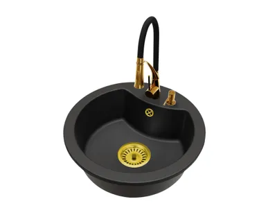 Produktbild von Granit Küchenspüle Einbauspüle 1 Becken MILA mit Abtropffläche + Küchenarmatur Nexo Gold + Siphon + Seifenspender Komplettset