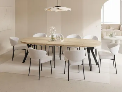 Produktbild von Esstisch Rund Groß XXL Ausziehbar im Loft-Stil – 100 bis 250 cm – Extra Lang Ausziehtisch mit Schwarzen Holzbeinen, Industrieller Tisch für 5-14 Personen – Esszimmertisch – Eiche Hell Braun