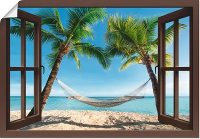 Produktbild von eyetronic: Fensterblick - Urlaub am Palmenstrand in der Karibik mit Hängematte, Produkt:Poster, Größe (HxB):50x70 cm / Poster