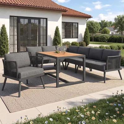 Produktbild von okwish Garten-Liegestuhl-Set,Ecksofa mit Polstern und Kissen,L-förmiges Sofa,Freizeitsofa mit geflochtenen Armlehnen,Gartensofa mit Holz-Couchtisch und Sessel,Grau