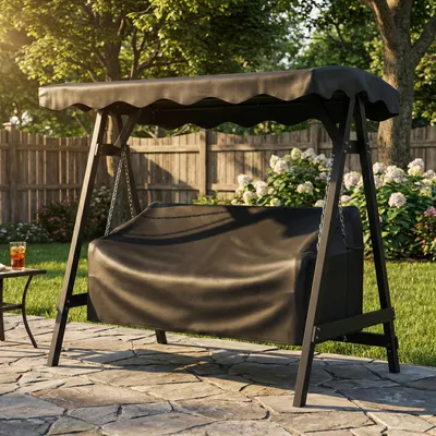 Produktbild von Hollywoodschaukel Abdeckung 3-Sitzer wetterfest, Schutzhülle Gartenschaukel 420D Oxford-Stoff, Schwarz | 185x76x81 cm | UV-Schutz | Kordelzug