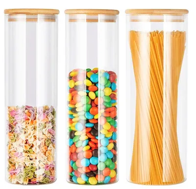 Image de TRANKIELO® - Lot de 3 bocaux de conservation avec couvercles en bambou – 1500 ml x 2 / 2100 ml. Boîtes de conservation en verre pour aliments secs et humides