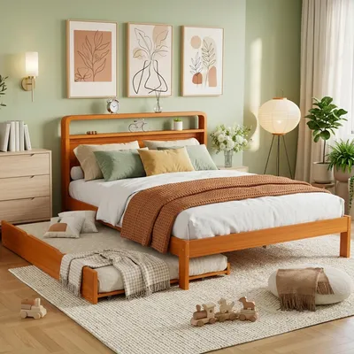 Produktbild von Flieks Klassisches Bett 140x200cm mit Ausziehbarem Bett 90x190cm, Kinderbett Jugendbett mit Kopfteil, Holzbett Doppelbett mit Lattenrost, Holzfarbe