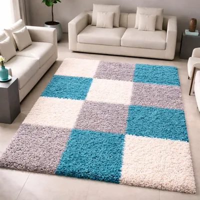 Immagine prodotto di Tappeto Shaggy a quadri, turchese, grigio e crema, dimensioni: 120 x 170 cm
