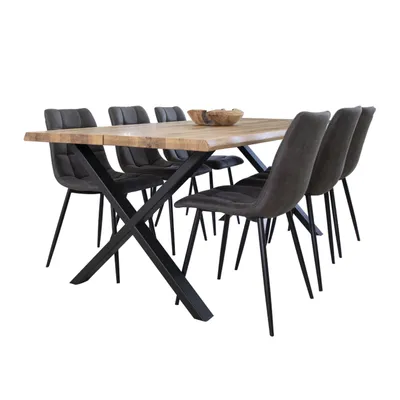 Image de Tony Salle à manger, 1 table à manger et 6 chaises, gris foncé et chêne.
