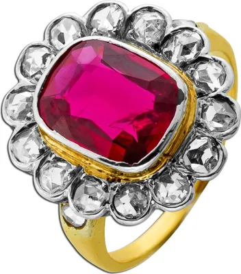 Produktbild von Rubin Ring Antik Gold 750 18K roter synth. Rubin 3ct Diamanten  17